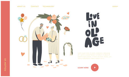 Senior Wedding Ceremony Landing Page Template. Happy Bridal Couple Get Married Changing Rings. Aged Bride and Groomのイラスト素材