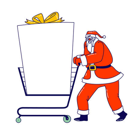 Santa Claus with Mockup. Christmas Character Push Shopping Trolley with Huge Gift and Empty Copy Space for Advertisingのイラスト素材