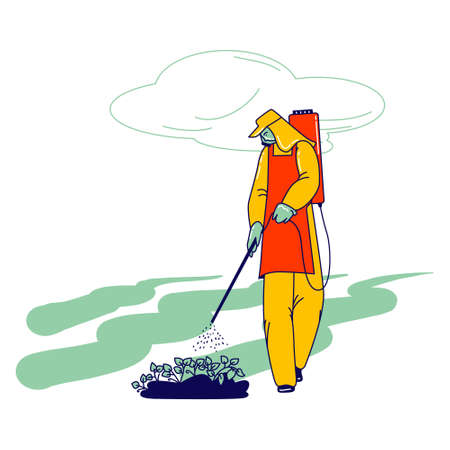 Farm Worker in Protective Hazmat Suit Fertilizing Berries on Field. Immigrant or Volunteer Character Care of Strawberryのイラスト素材