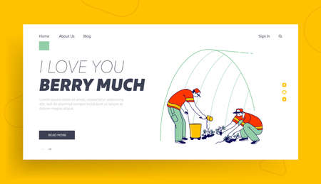 Immigrant or Volunteer Growing Strawberry Landing Page Template. Farm Workers in Uniform Planting Berries in Greenhouseのイラスト素材