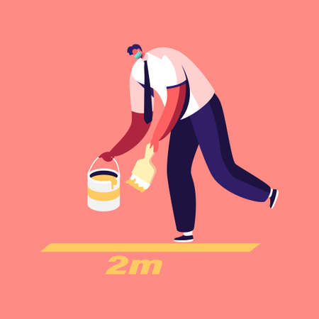 Office Worker Male Character Wearing Protective Medical Mask Painting Markup for Social Distancing during Coronavirusのイラスト素材