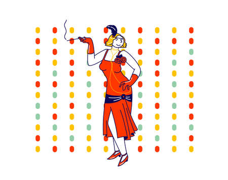 Young Female Character in Retro Dress Visiting Night Club Dancing Disco Dance and Smoking...