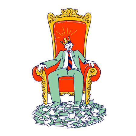Powerful Businessman Character in Crown on Head Sitting on Throne with Feet Stand on Pile of Dollar Banknotes, Powerのイラスト素材