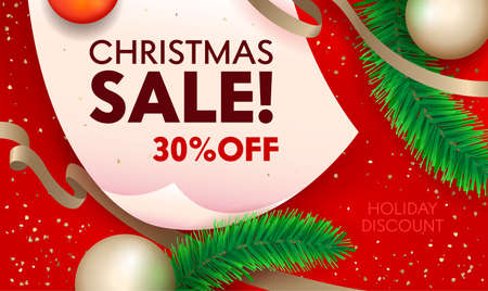 Christmas Sale Banner with Typography on Red Background with Gold Ribbon, Fir-Tree Branch and Decoration Balls Top Viewのイラスト素材