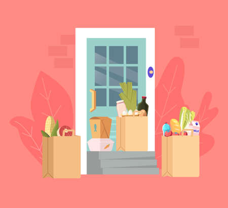 Food Delivery Concept. Paper Bags with Grocery and Cooked Products Stand at Home Door. Online Order, Charity and Supportのイラスト素材