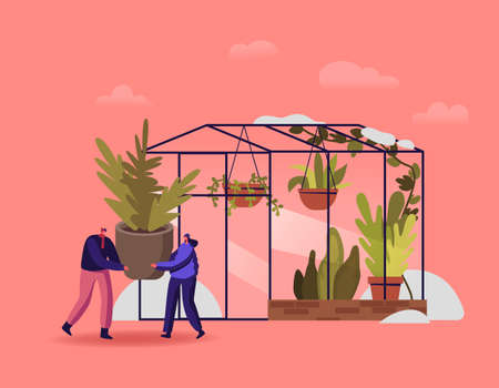 Tiny Characters Working in Winter Garden Concept. People Carry Huge Potted Plant, Planting Flowers in Greenhouseのイラスト素材