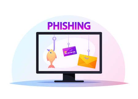 Computer Monitor with Credit Cards Hanging on Hooks at Screen, Victims of Phishing Hacker Attack Lose Money in Internetのイラスト素材
