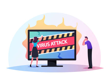 Cyberspace Security, Defence of Hacker Attack Service. Trojan Worm in Pc. Tiny Male Female Characters at Huge Computerのイラスト素材