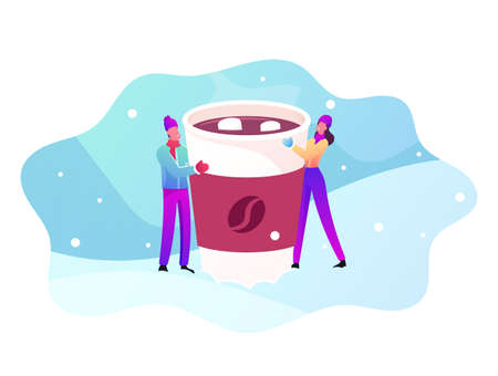 Characters Drink Hot Beverage in Winter Holidays Cold Season. Tiny Man and Woman Hold Huge Cup with Chocolate or Cocoaのイラスト素材