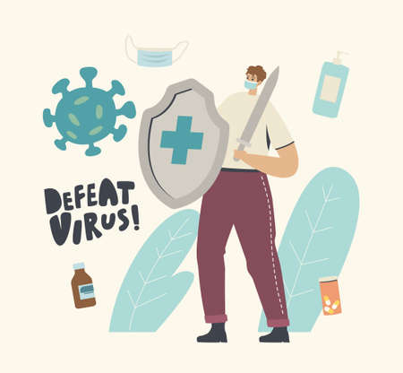 Epidemiology and Vaccination Concept. Tiny Male Character in Medical Mask Hold Huge Shield and Sword Protecting of Virusのイラスト素材