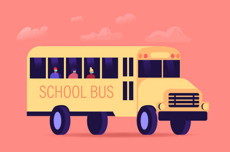Schoolkids Characters in Medical Masks Sitting in Yellow School Bus. Kids Looking Out of Schoolbus...