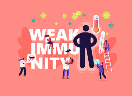 Weak Immunity Concept. Tiny Male and Female Characters with Medical Drugs and Thermometer at Huge...