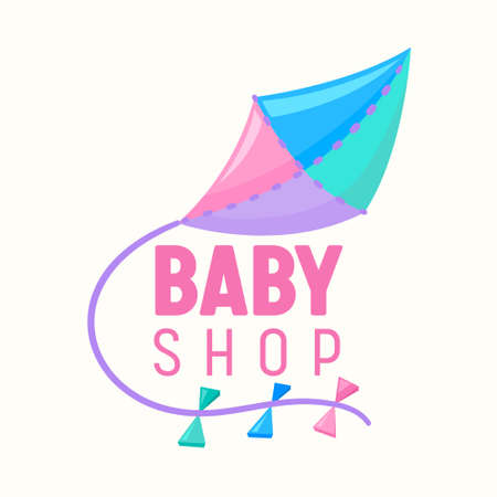 Baby Shop Banner with Flying Kite of Pink, Blue and Lilac Colors. Kids Store Label, Emblem for Children Toys Productionのイラスト素材
