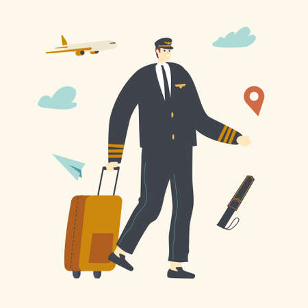 Aviation Aircrew Pilot Wearing Uniform Walking with Luggage on Airport with Flying Jet Plane Background. Air Serviceのイラスト素材