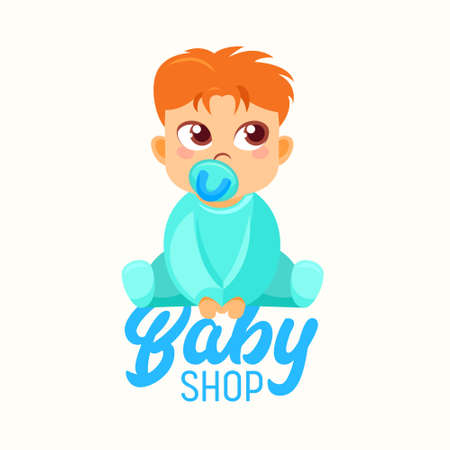 Baby Shop Banner, Child Sucking Pacifier, Infant Suck Soother or Dummy. Kids Store Label or Emblem for Children Marketのイラスト素材