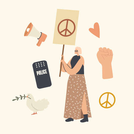 Hippie Female Activist Character with Peace Sign Banner Protest for Love against War. Protesting Woman with Placard Riotのイラスト素材