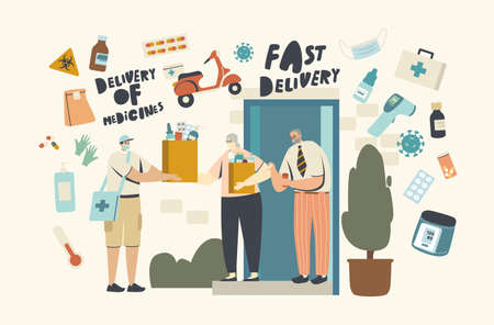 Delivery Man, Volunteer or Courier in Protective Medical Face Mask with Box in Hands. Delivery of Medicine to Seniorsのイラスト素材