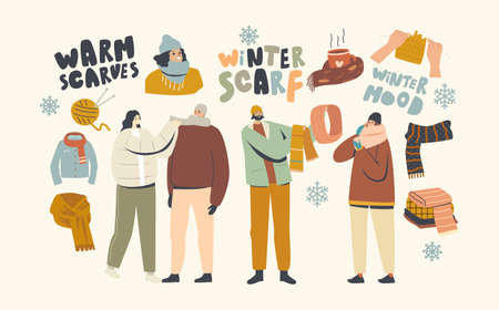 Male and Female Characters Wearing Woolen Knitted Handmade Scarves and Hoods for Cold Winter or Autumn Weatherのイラスト素材