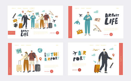Airport Landing Page Template Set. People Boarding on Airplane. Travelers and Aircraft Crew Invite Passengers to Boardのイラスト素材