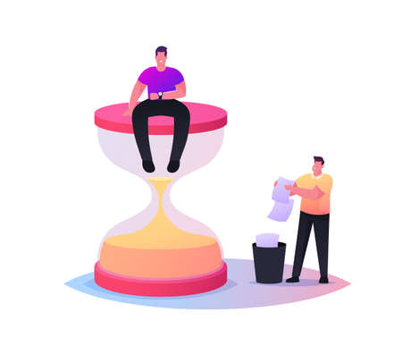 Tiny Male Character Sitting on Huge Hourglass Looking on Wrist Watch, Throw Out Expired Documents...