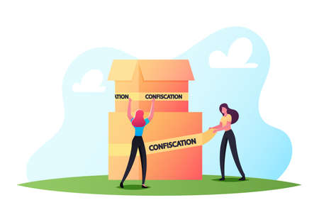 Property Confiscation. Tiny Bailiff Female Character Wrapping with Yellow Tape Carton Boxes with Confiscated Possessionsのイラスト素材