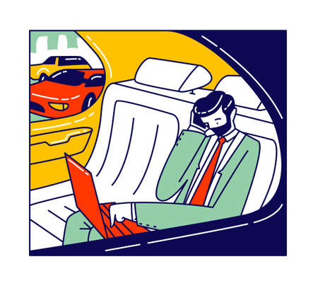 Vip Transport, Business Trip Working Transportation Concept. Businessman Character with Smartphone Sitting in Luxury Carのイラスト素材