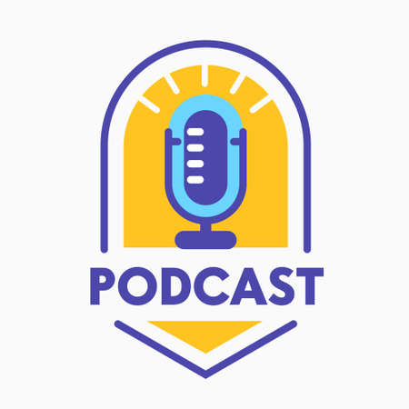 Podcast Entertainment with Microphone. Banner, Badge or Label for Online Broadcasting. Audio Program or Livestreamのイラスト素材