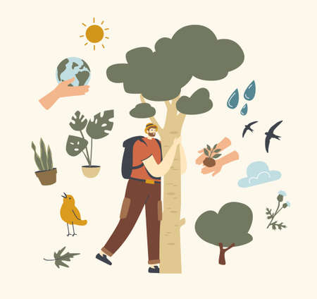 Character with Backpack Hugging Tree Bark. Unity with Nature, Save Planet and Ecology Protection, Connection with Floraのイラスト素材