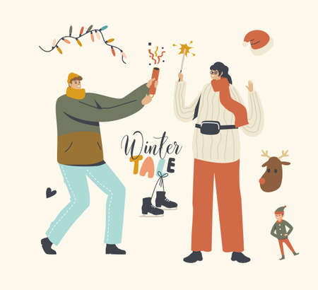 Couple with Sparkler and Ð¡racker Celebrate Christmas or New Year. Happy People Rejoice on Corporate or Home Partyのイラスト素材