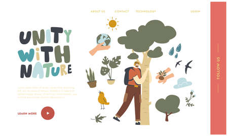 Male Character Hugging Tree Bark. Landing Page Template. Unity with Nature, Save Planet and Ecology Protectionのイラスト素材