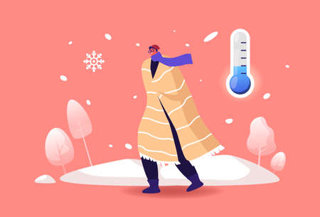 Chilled Passerby Walking Against Wind and Snow on Street in Cold Snowy Winter Weather with Low...