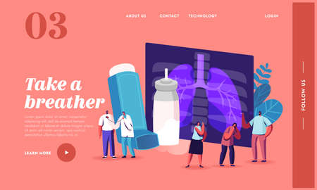Asthma Disease Landing Page Template. Tiny Characters at Huge Lungs Xray and Inhaler, Respiratory...