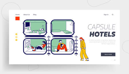 Characters Having Rest in Capsule Hotel Landing Page Template. People Sleeping, Relax in Compact...