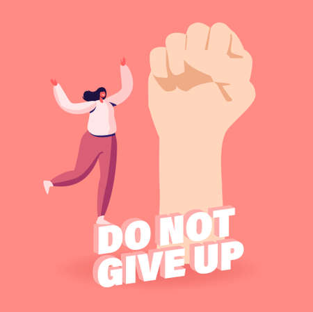 Do Not Give Up, Motivation and Aspiration. Tiny Girl Character at Huge Raising Fist. Overcome Obstacles, Human Resourcesのイラスト素材