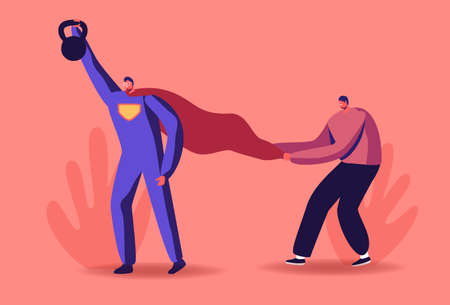Motivation, Aspiration Concept. Male Character in Super Hero Costume Raising Heavy Bob Overcome...