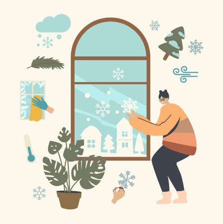 Female Character Enjoying Winter Holidays Preparation Decorating Window for Christmas or New Year...