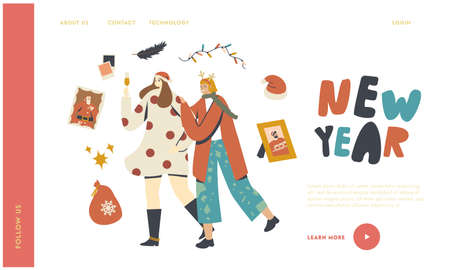 Happy Girls at Christmas and New Year Corporate Party Landing Page Template. Positive Women Drinking, Xmas Celebrationのイラスト素材