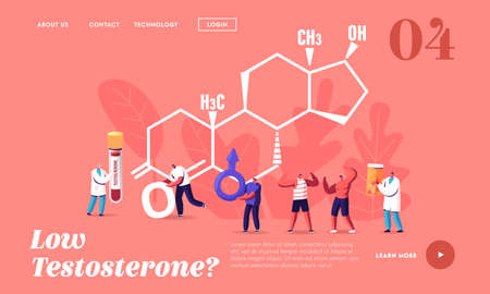 Male Health Landing Page Template. Tiny Characters Patient and Doctor with Blood Test Flask at Huge Testosterone Formulaのイラスト素材