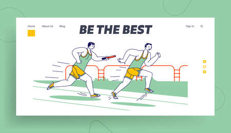 Male Characters Running Relay Race on Stadium Landing Page Template. Sportsmen Overcome Distance in Raw with Batonのイラスト素材