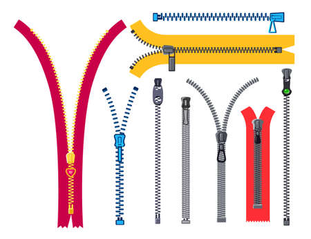 Set of Zip Fasteners, Closed and Open Metal Zippers with Puller on Fabric. Unzip Clothing Hardware, Apparel Accessoryのイラスト素材