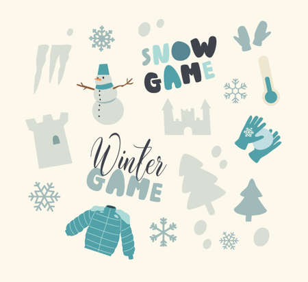 Set of Icons Snow Fun and Winter Games Theme. Snowman, Fir Tree and Ice Tower, Warm Clothes,...