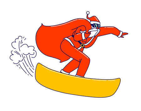 Cool Santa Claus with Gift Bag on Shoulder, Red Festive Traditional Costume and Sunglasses Perform Stunts on Snowboard.のイラスト素材