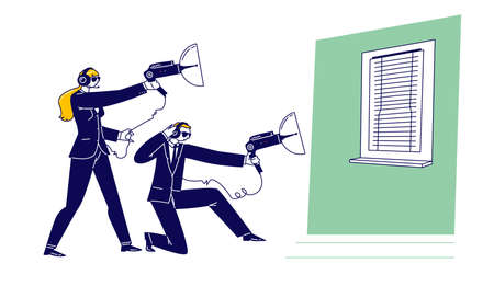Special Agents with Professional Surveillance Equipment. Male and Female Characters in Formal Wear...