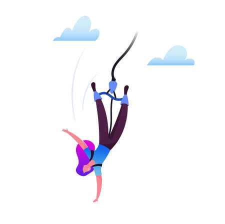 Bungee Jumping Concept. Brave Woman Jump with Rope from Great Height. Extreme Sports Activity, Fun, Risky Recreationのイラスト素材