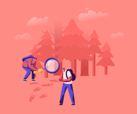 Investigators with Magnifier Searching Fantasy Yeti in Forest with Foot Prints Trace on Ground. People Exploring Bigfootのイラスト素材