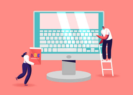Tiny Male Female Characters at Huge Computer Monitor with Keyboard on Screen. Man Stand on Ladder Typing Woman with Abcのイラスト素材