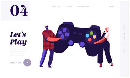 Tiny Characters Playing Videogame.Landing Page Template. Man and Woman Gamers with Huge Gamepad Playing Video Gameのイラスト素材