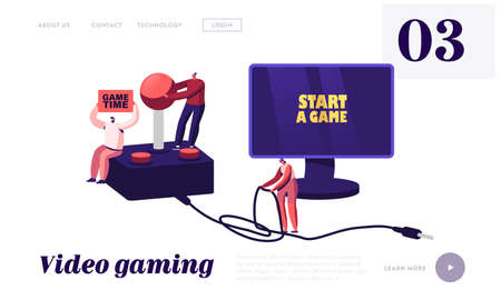 Video Games Recreation, Gaming Addiction, Hobby Landing Page Template. Tiny Gamers Playing Videogames at Huge Consoleのイラスト素材