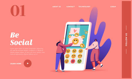 People Using Messaging App Landing Page Template. Female Characters Sending Text Messages by Mobile Phone. Sms and Emojiのイラスト素材