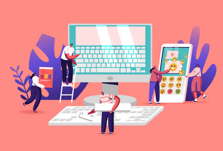 Tiny Male and Female Characters at Huge Computer Monitor with Keyboard on Screen, Abc Book and Smartphone, People Typingのイラスト素材